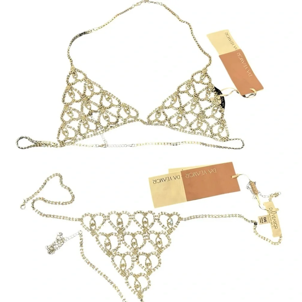 DA VEAMOR  rhinestone body chain silver bikini bra and thong set, NWT